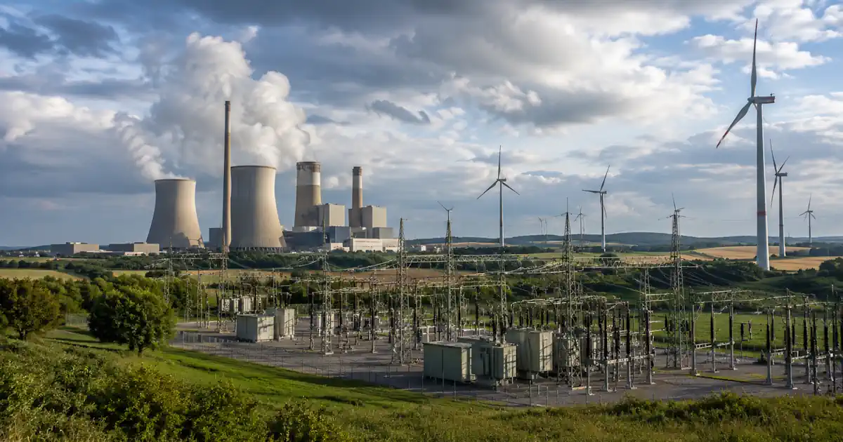 Energiepanorama mit Kraftwerk, Windpark und Umspannwerk