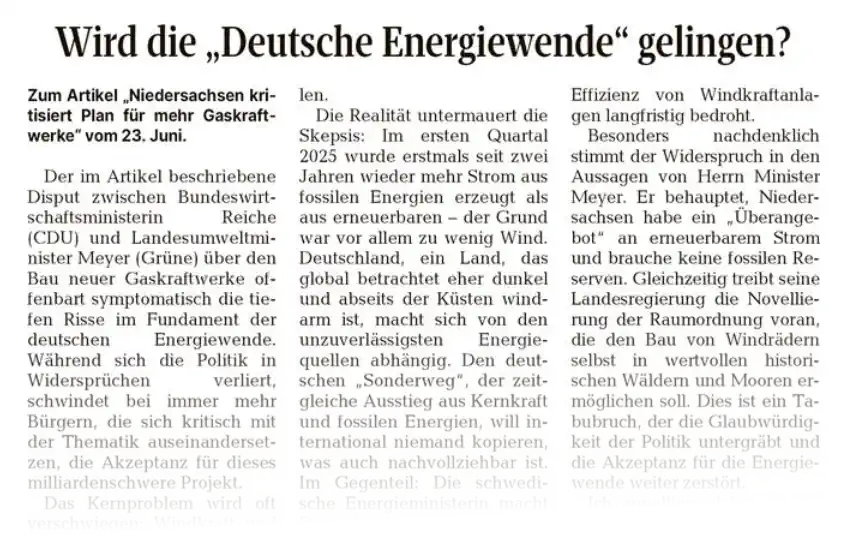 Leserbrief: Wird die 'Deutsche Energiewende' gelingen