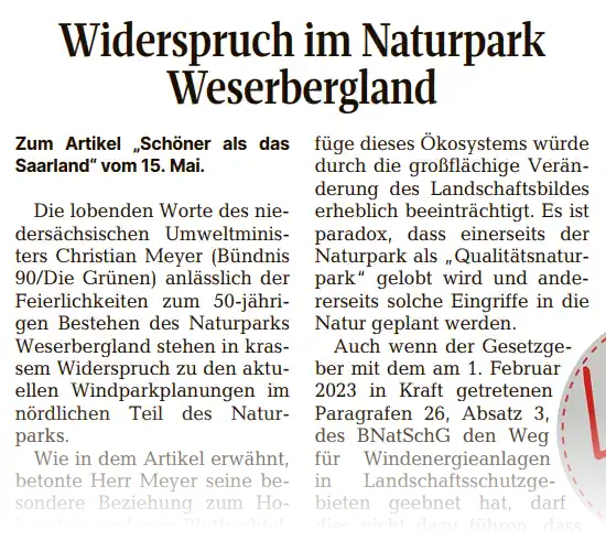 Leserbrief Widerspruch im Naturpark Weserbergland