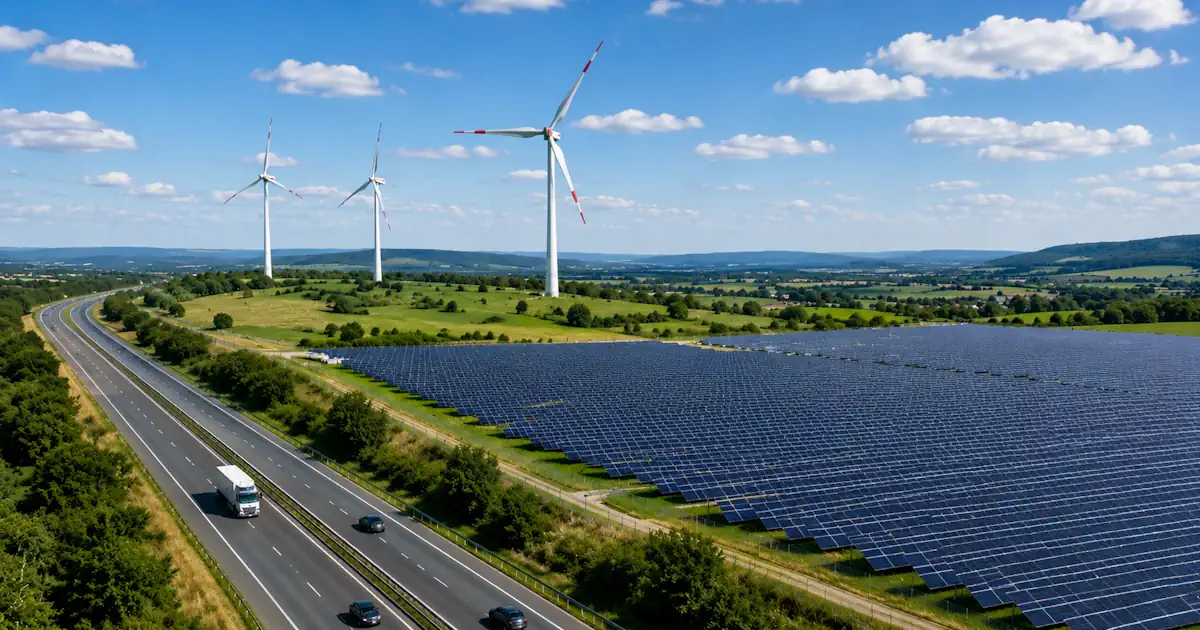 Solarpark mit Windenergieanlagen an der Autobahn