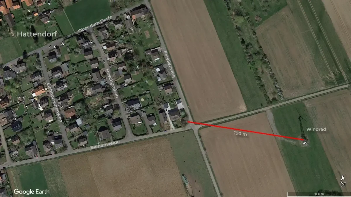 Windrad Hattendorf Entfernung zur Ortsgrenze - Google Earth